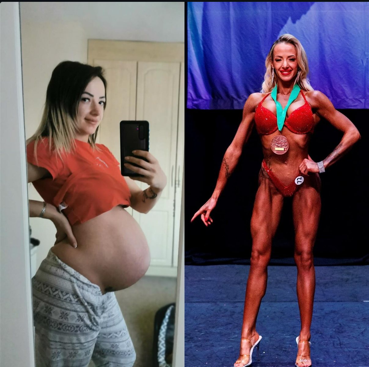 Ivana Kocurova in a mirror selfie while pregnant, beside a photo of her on stage at a national fitness championship wearing a bronze medal